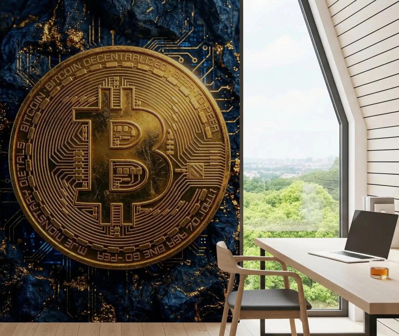 Office area styled with Digital Gold Standard Wall Mural in navy and gold, GD9042