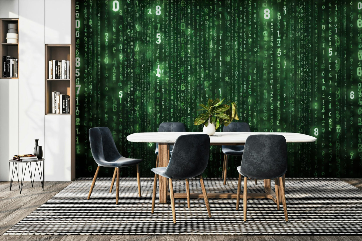 Green code rain mural wallpaper on black


