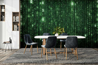 Green code rain mural wallpaper on black

