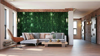 High-contrast tech mural with code rain

