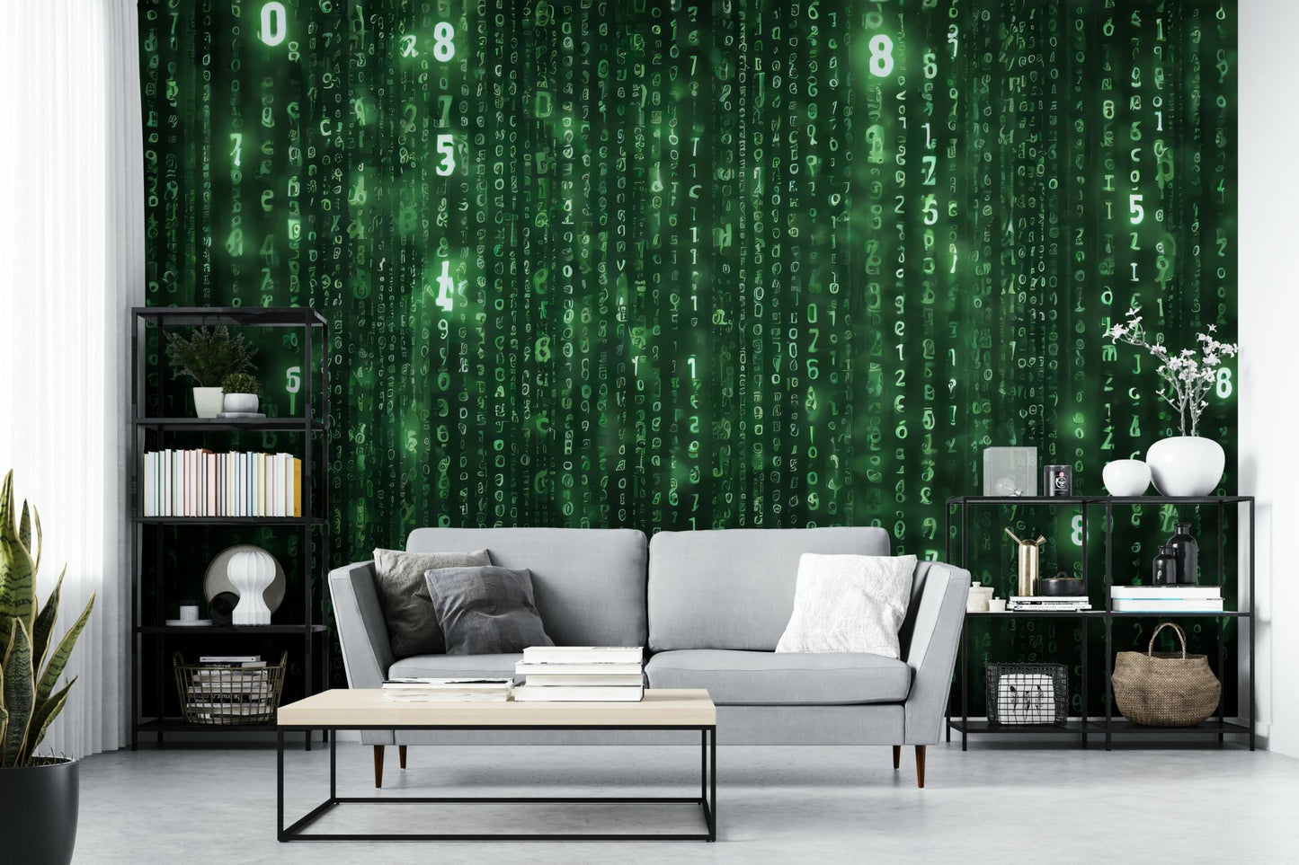 Wall mural with cascading digital characters

