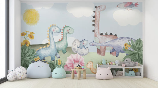 Dino Delight nursery mural with playful dinosaur designs, B864