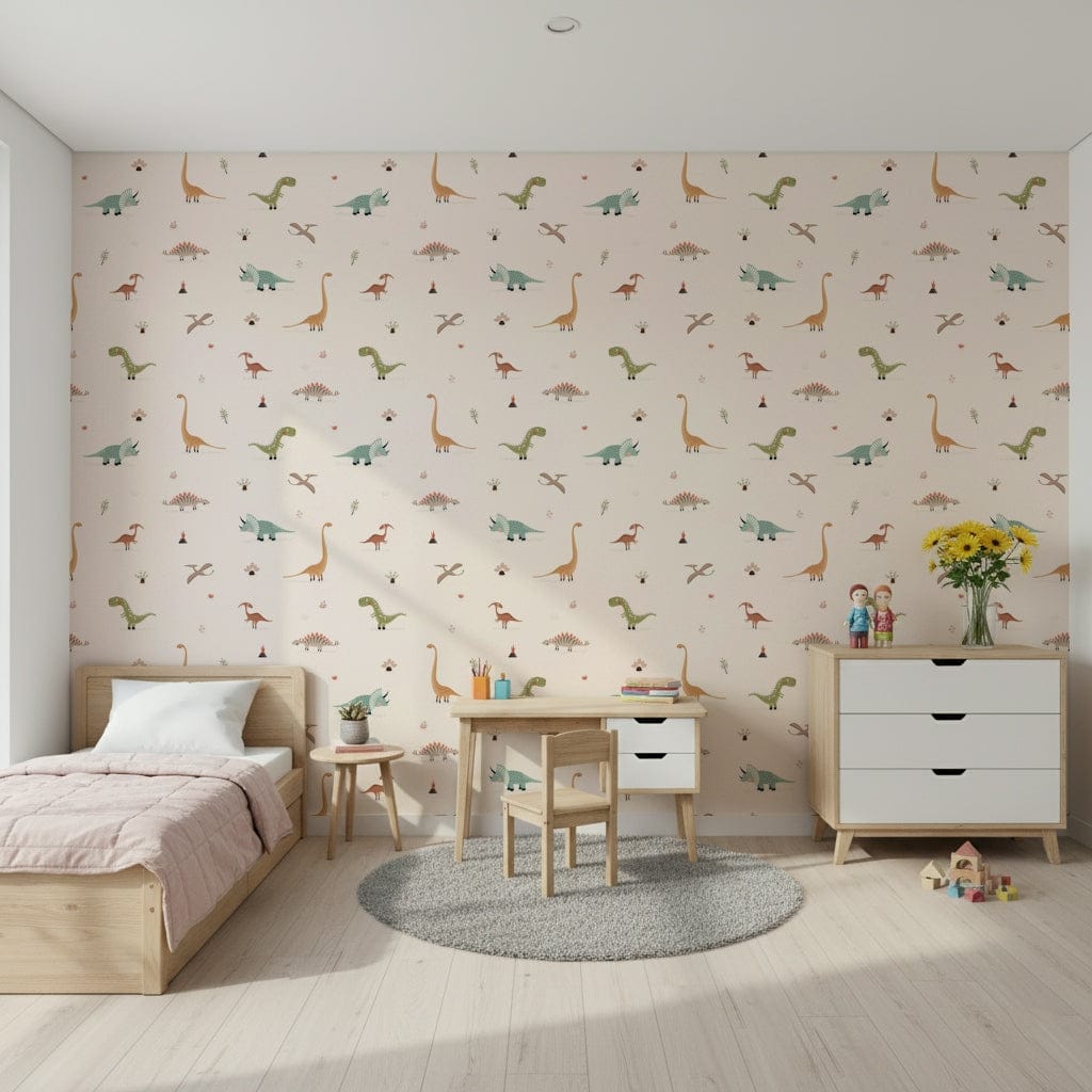 Playful Brachiosaurus mural wallpaper in soft cream and terracotta.