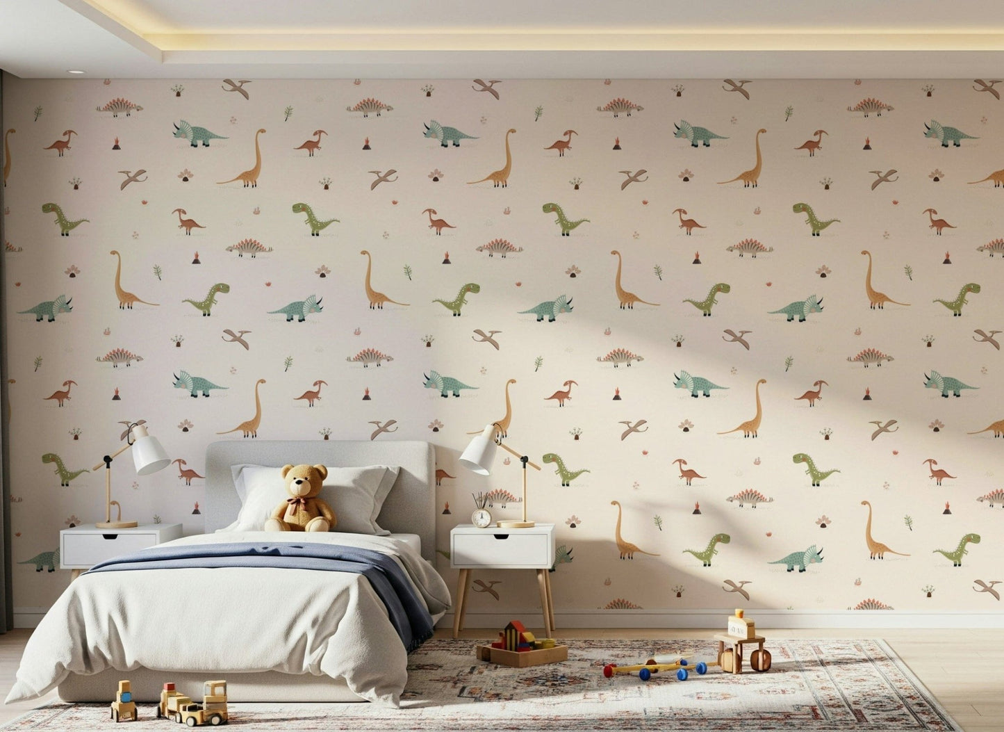 Boho style Dino Dreamland mural for nursery room decor.