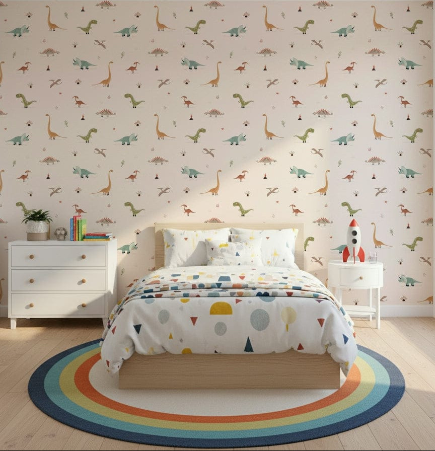 Pastel Dino Dreamland wallpaper for walls with whimsical creatures.