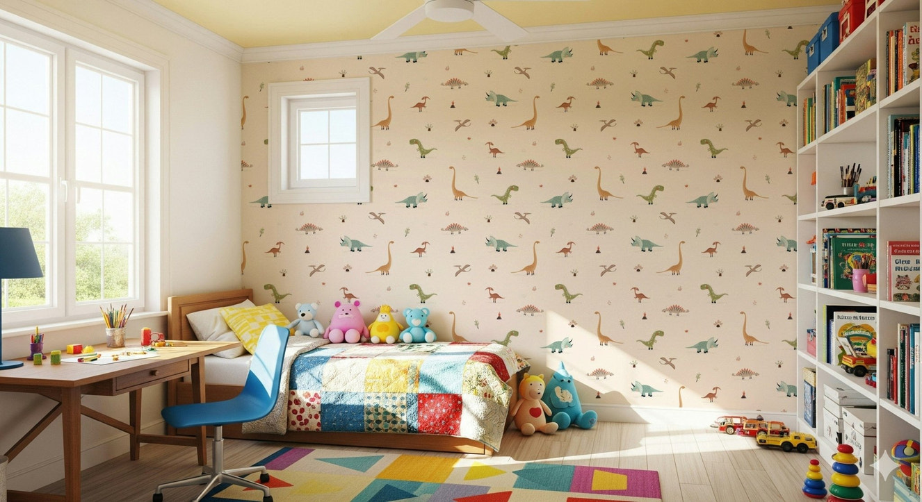 Dino Dreamland wallpaper showing cute green T-Rex and Triceratops.
