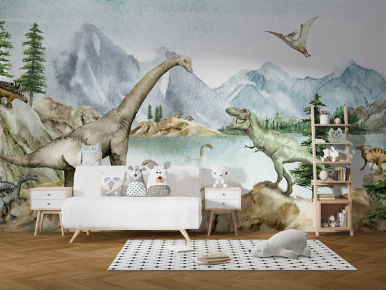 Dino dreams wallpaper murals with dinosaurs and mountains KB21