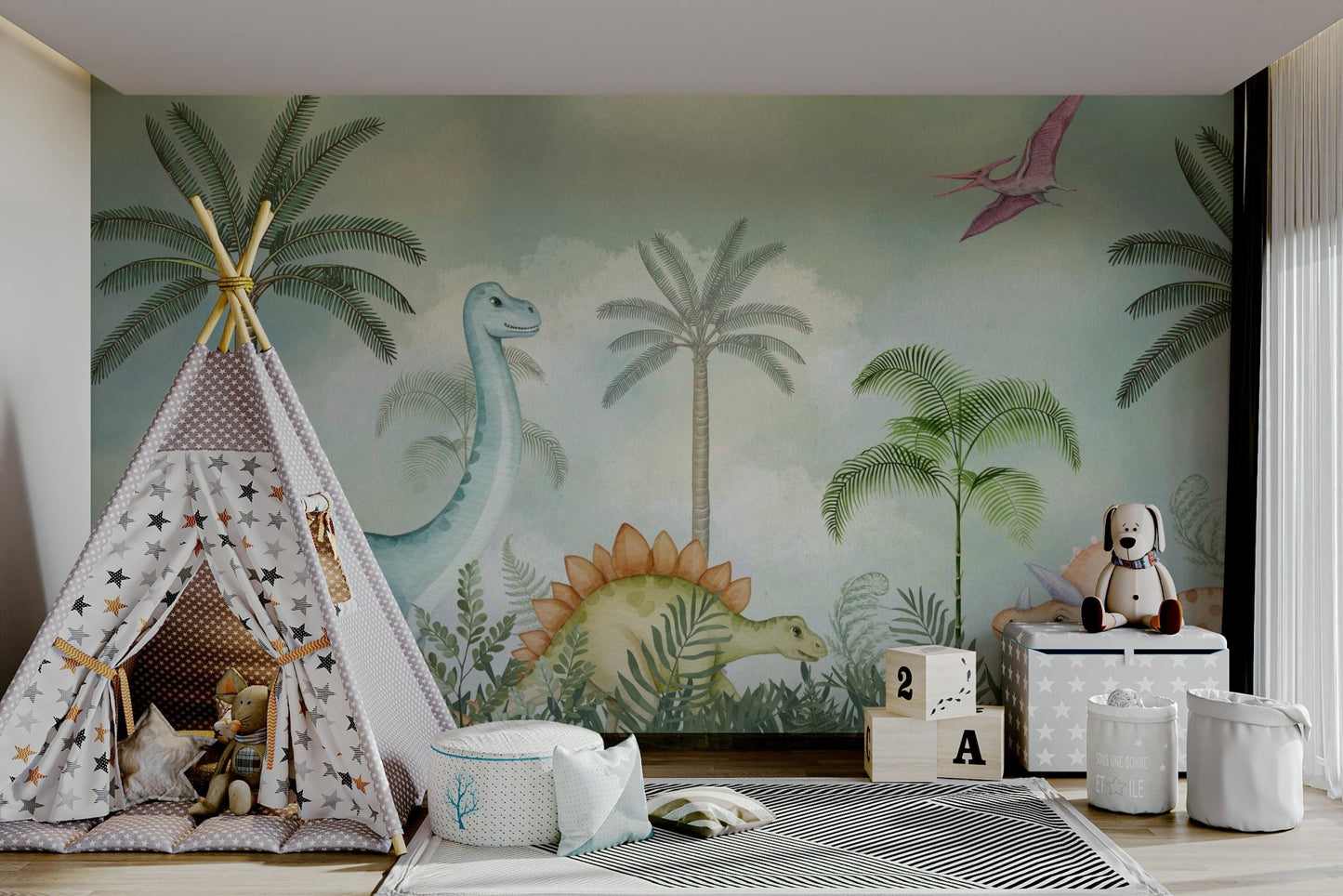 The colors are gentle and lush, with a natural, green and gray palette.

