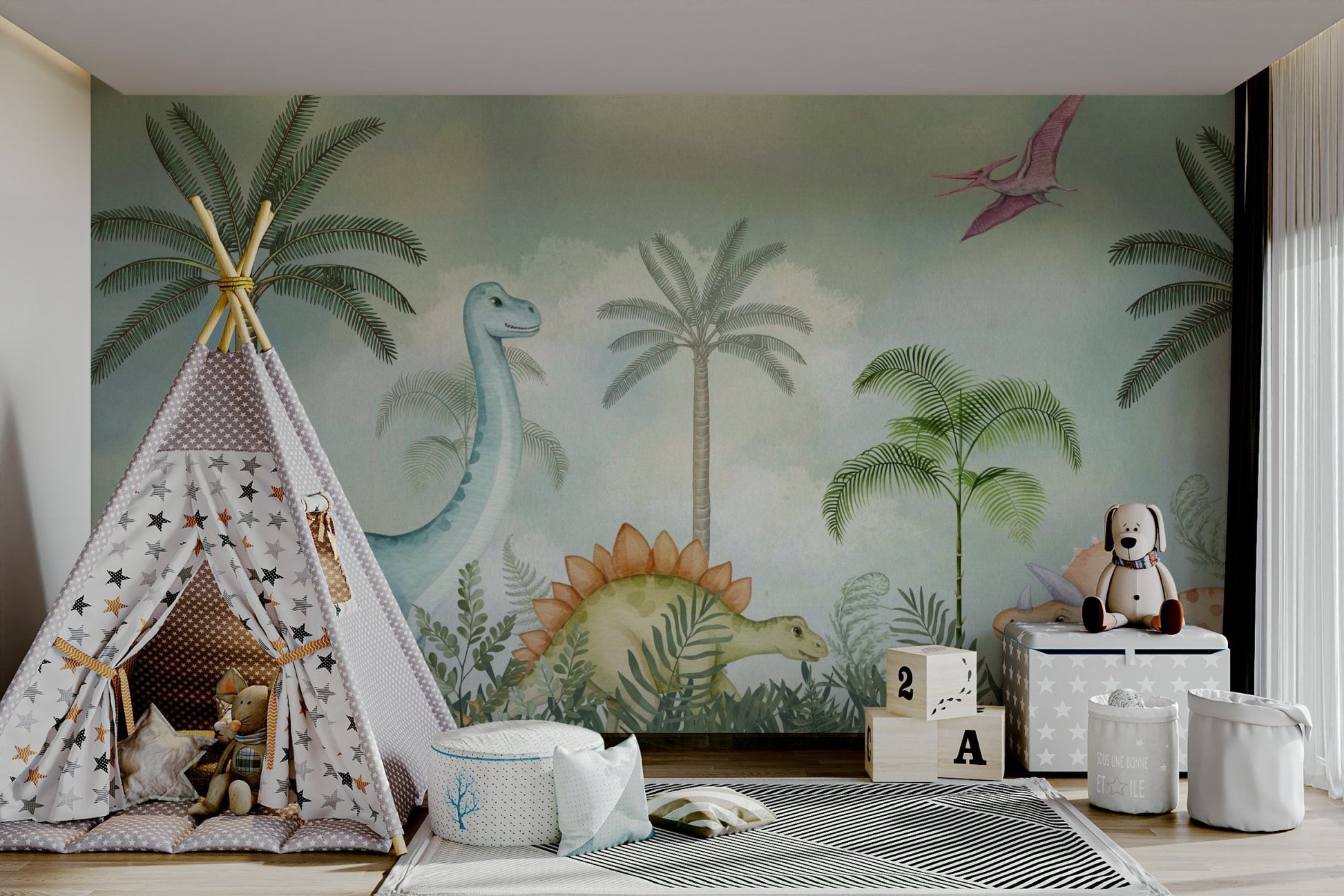 The colors are gentle and lush, with a natural, green and gray palette.

