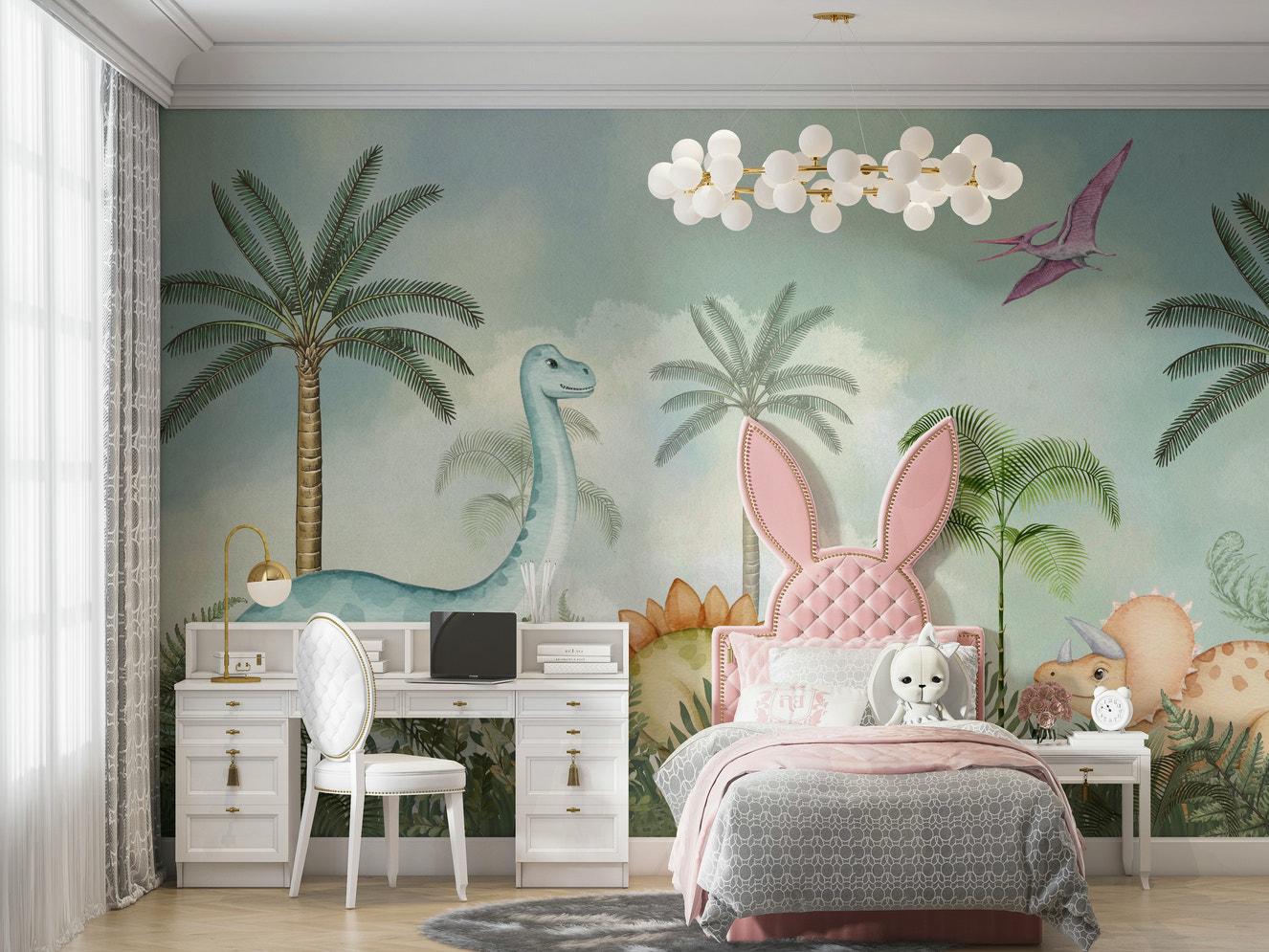A playful wall mural with a gentle dinosaur design.

