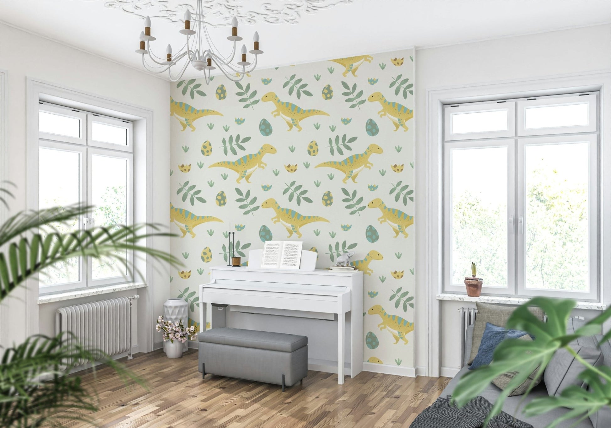 Soft green foliage and yellow on Dino Nursery Wallpaper.