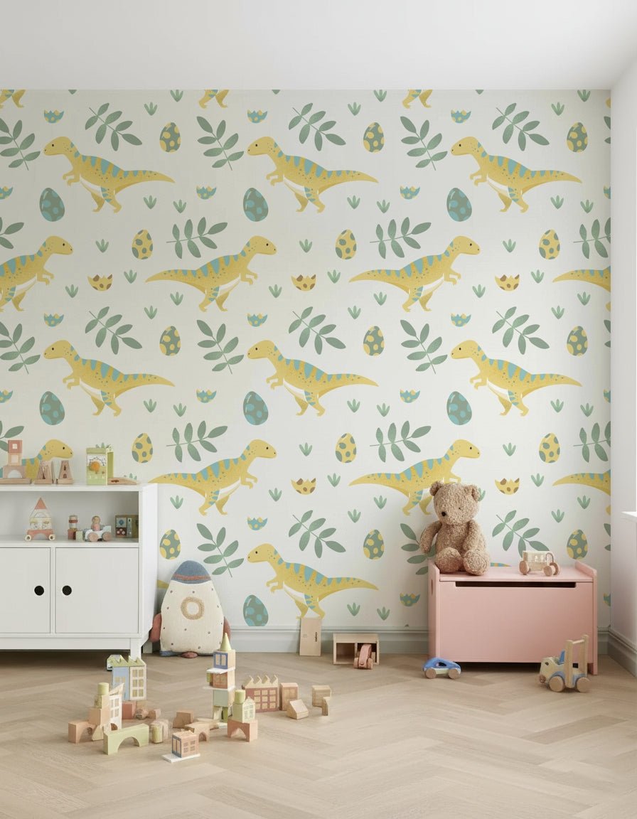 Hatching dinosaur eggs on the Dino Nursery Wallpaper.