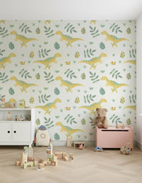 Hatching dinosaur eggs on the Dino Nursery Wallpaper.