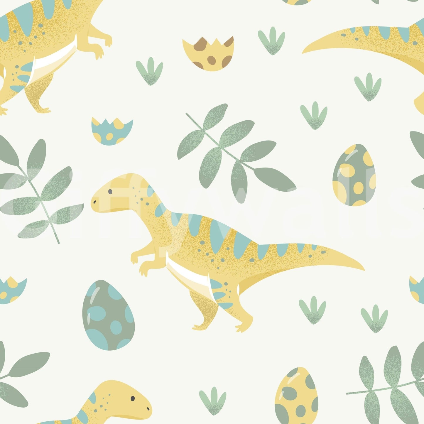 Whimsical repeating image: Dino Nursery Wallpaper design.