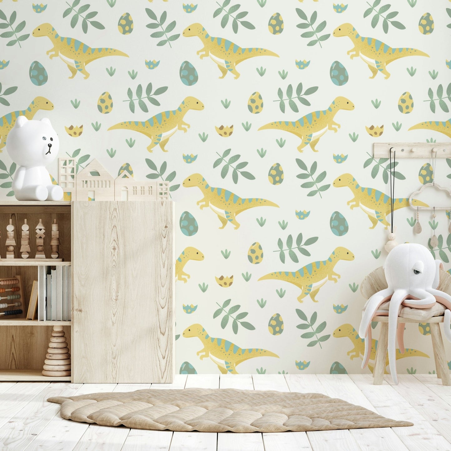 Playful baby dinosaurs on Dino Nursery Wallpaper design.