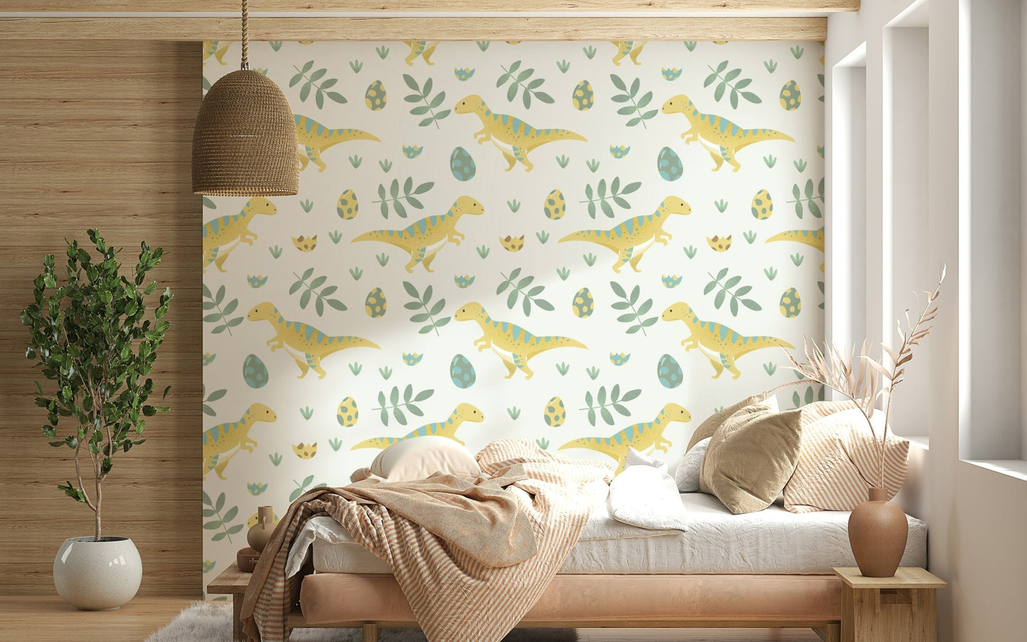 Decorative prehistoric plants on Dino Nursery Wallpaper.