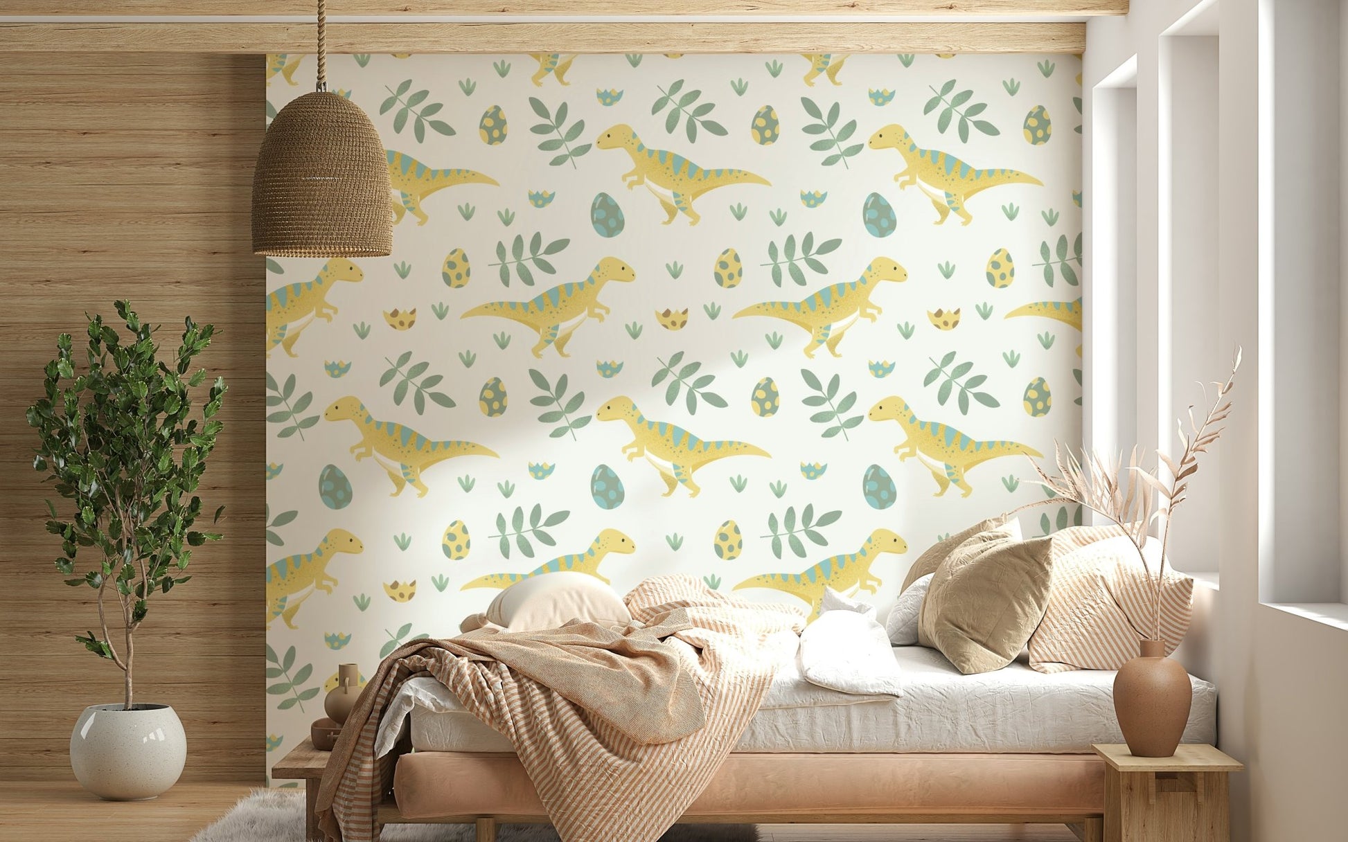 Decorative prehistoric plants on Dino Nursery Wallpaper.