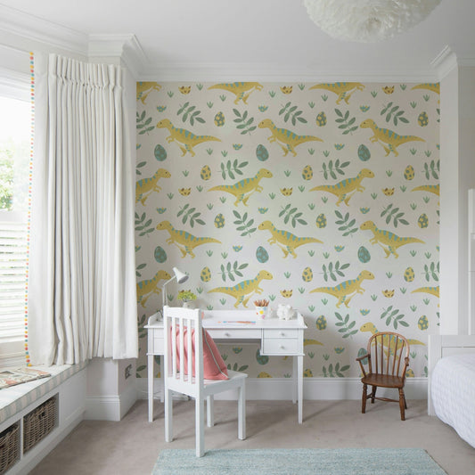 Dino Nursery Wallpaper, sweet yellow dinosaur pattern.