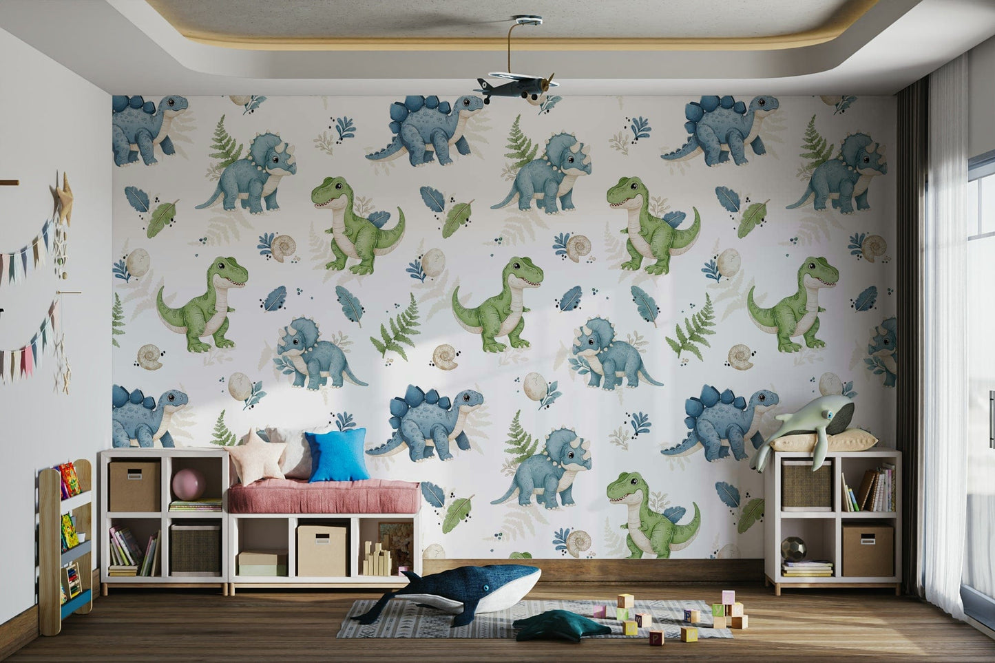 Nursery wallpaper with playful dinos

