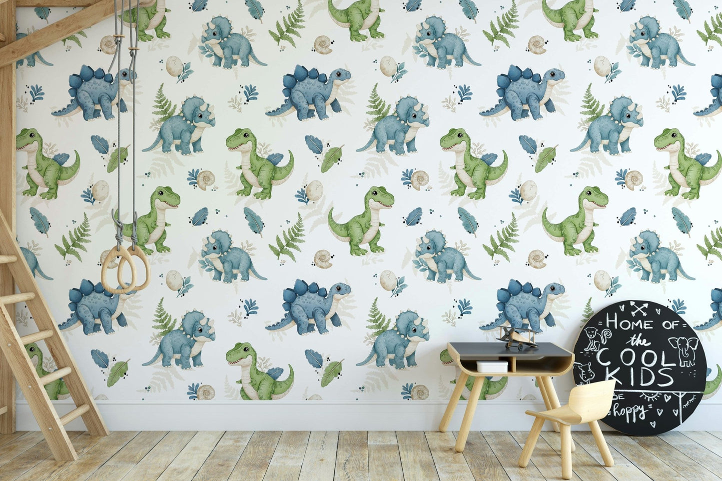 Blue and green dinosaur nursery wallpaper

