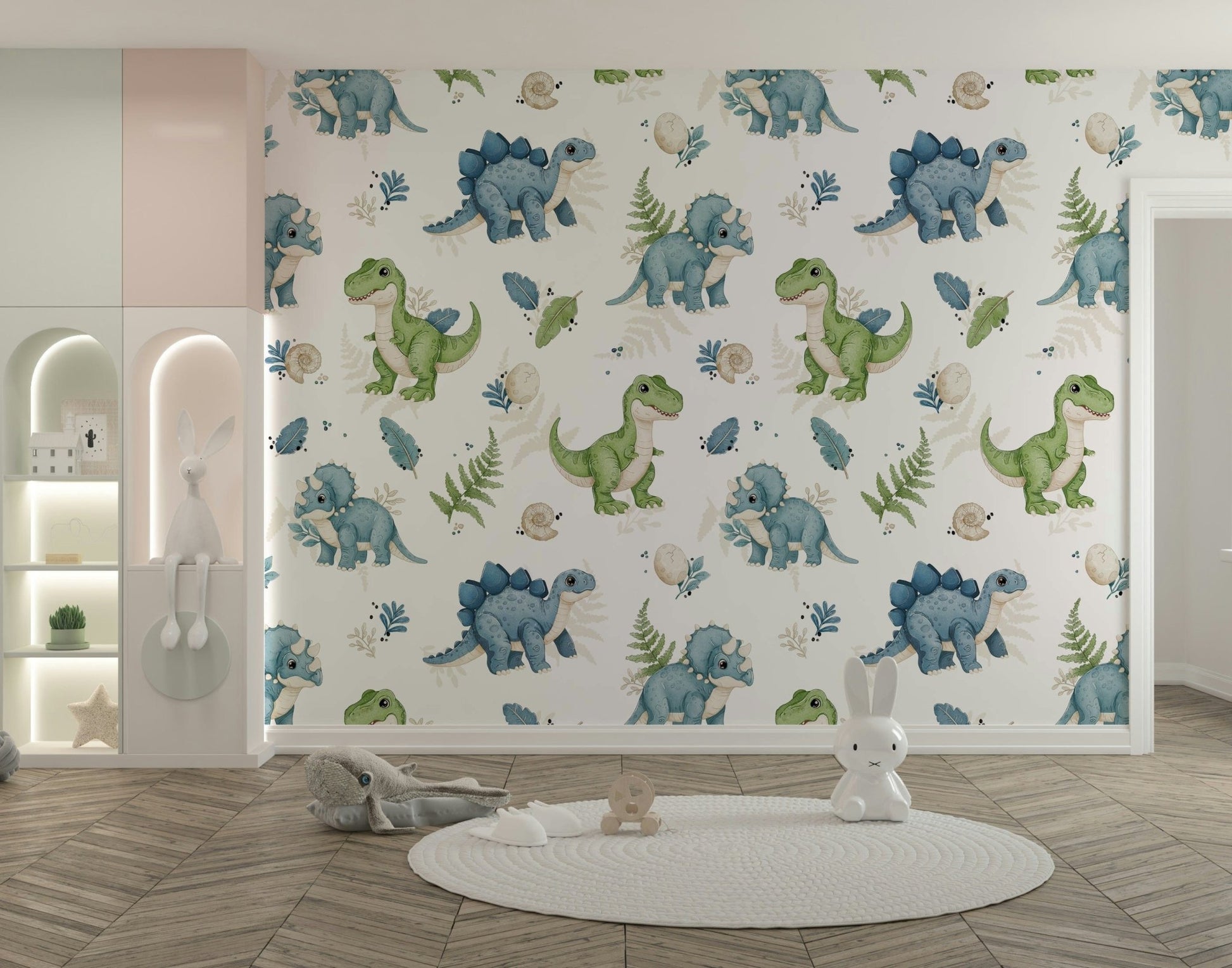Dino-themed nursery wallpaper design idea

