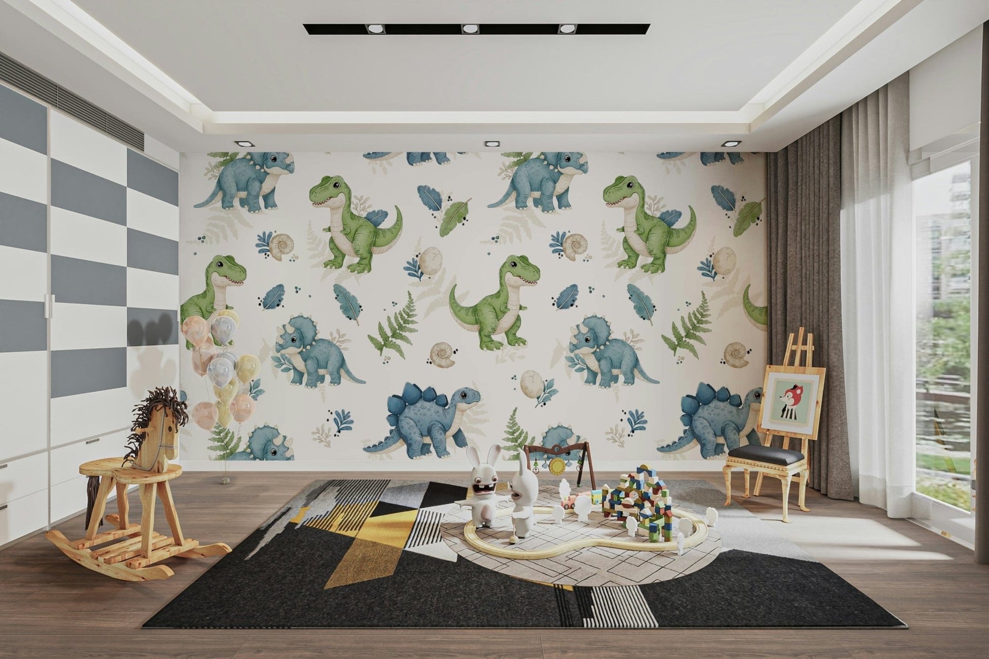 Happy dinos and leaves kids wall mural

