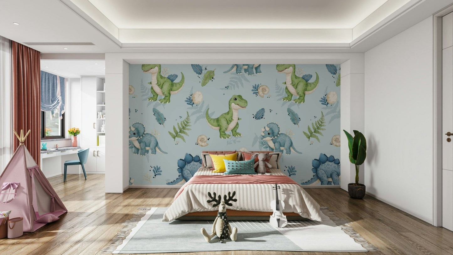 Light blue dinosaur wallpaper for nursery

