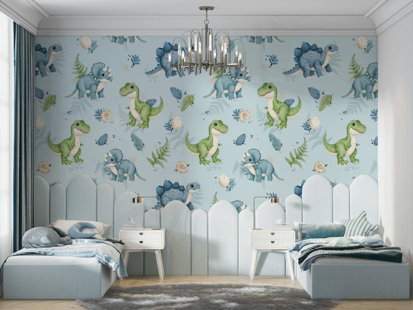 Calm nursery wallpaper with dinos and eggs

