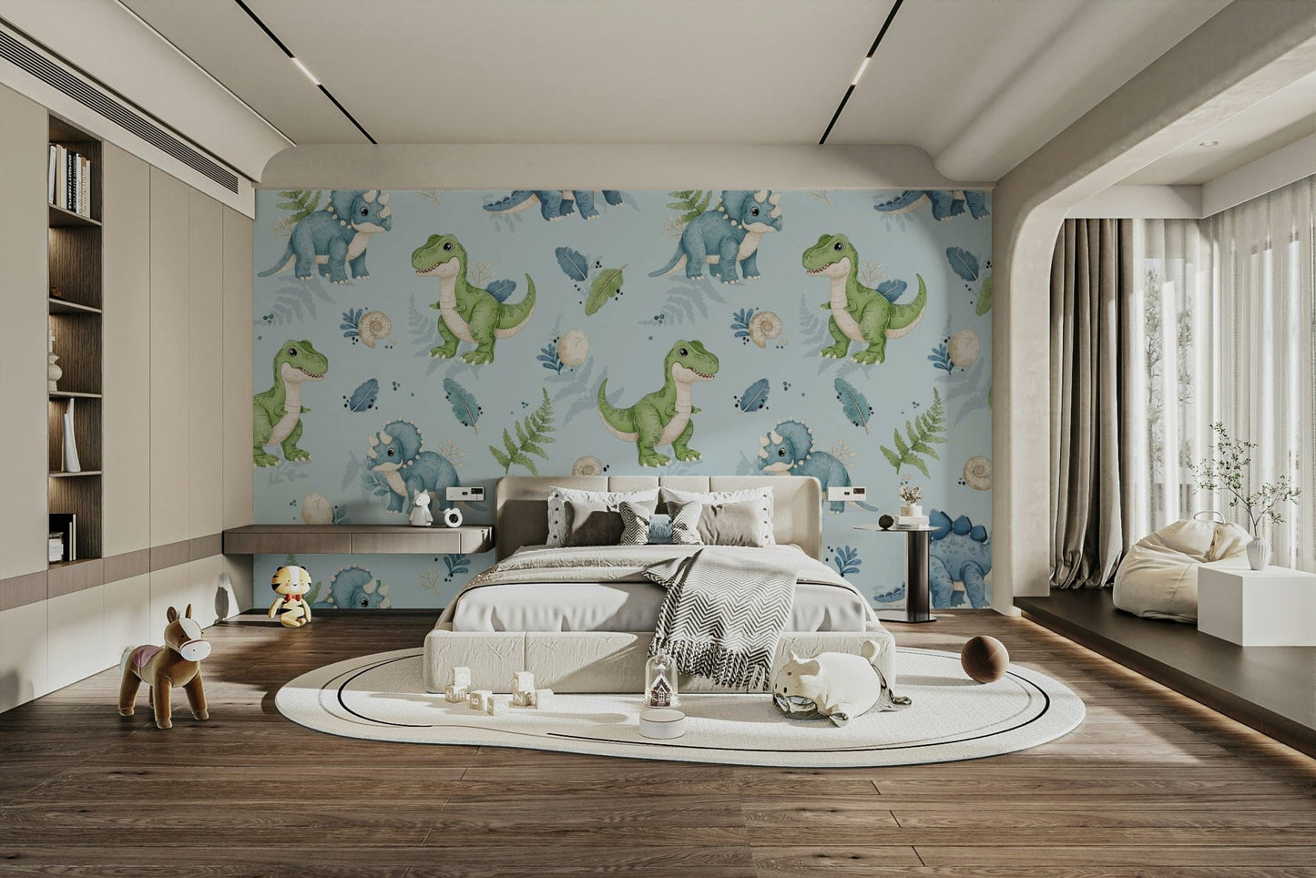 Stegosaurus kids room wallpaper in blue

