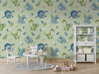 Cute green and blue dinosaur wall mural

