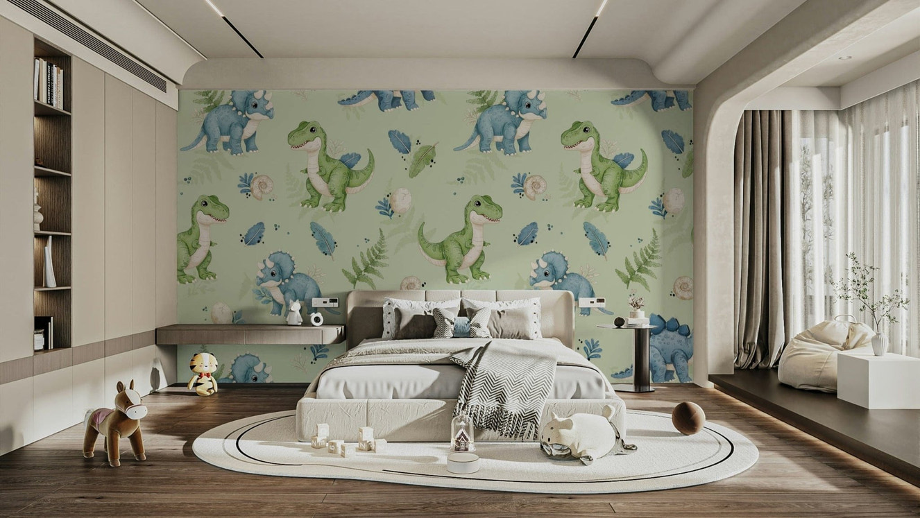 Dino Pals green wallpaper for nursery walls

