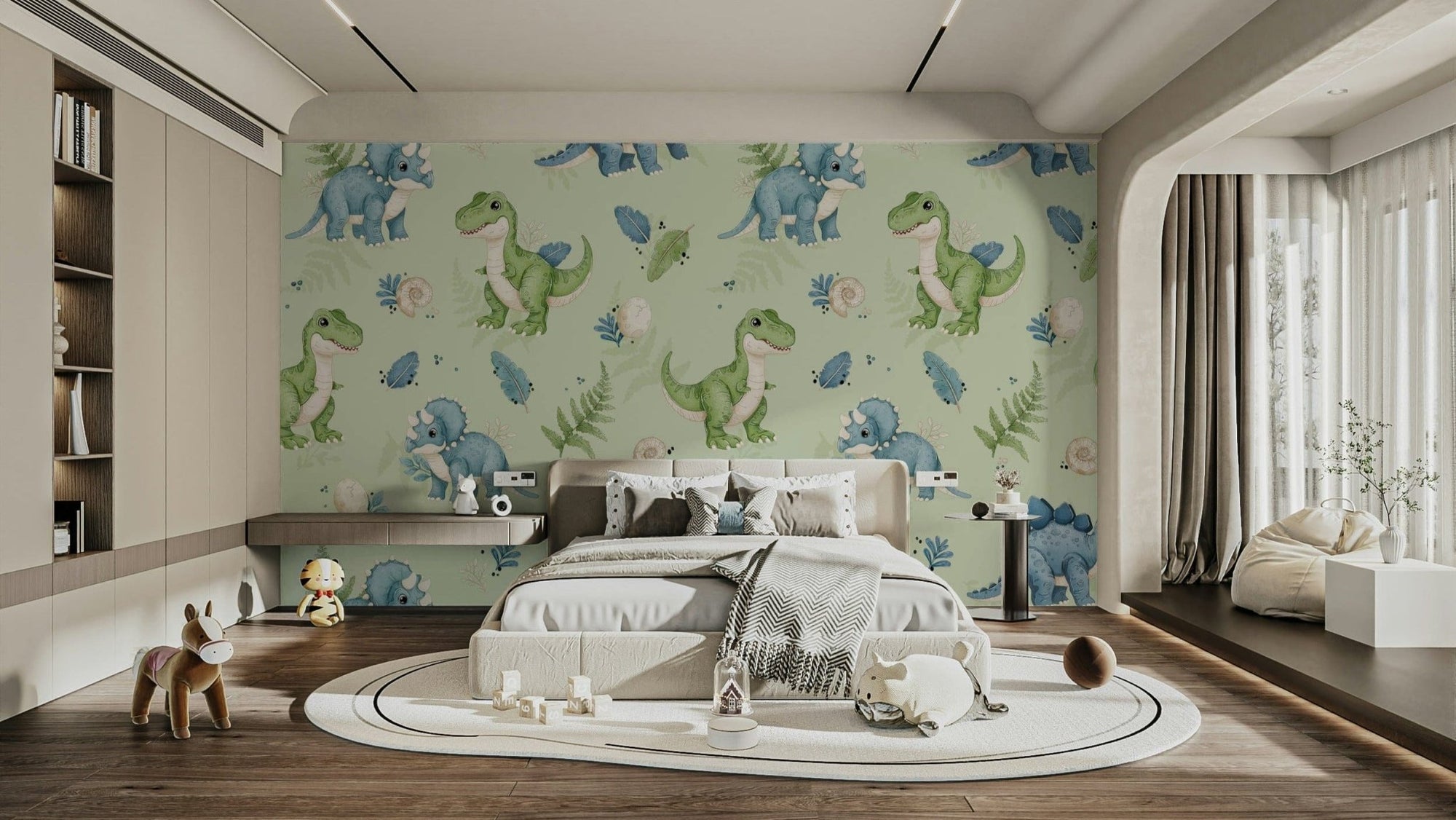 Dino Pals green wallpaper for nursery walls GD073

