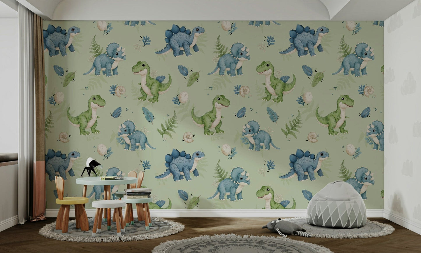 Baby dinosaur wallpaper in soft green tone

