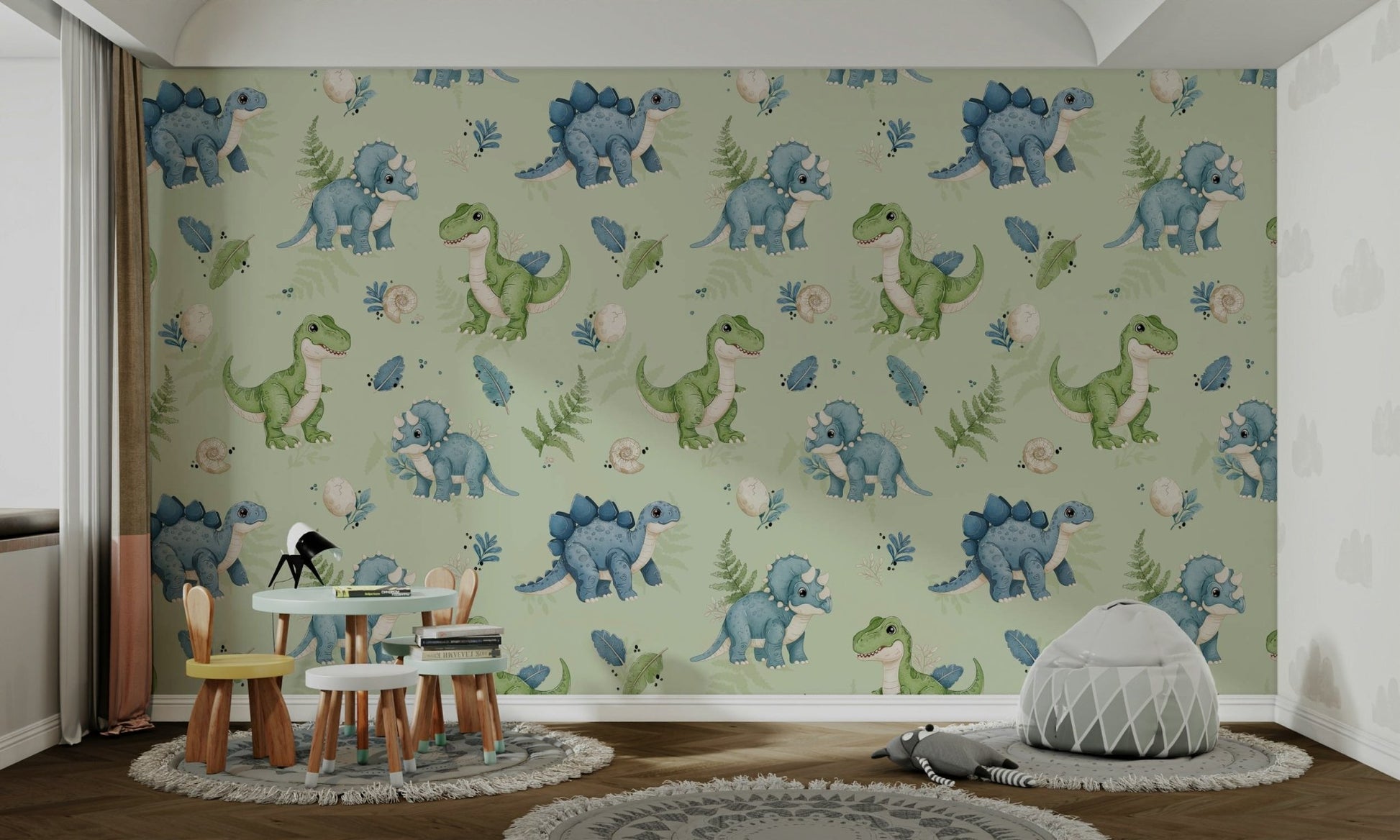 Baby dinosaur wallpaper in soft green tone

