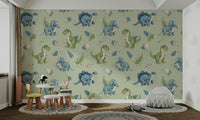 Baby dinosaur wallpaper in soft green tone

