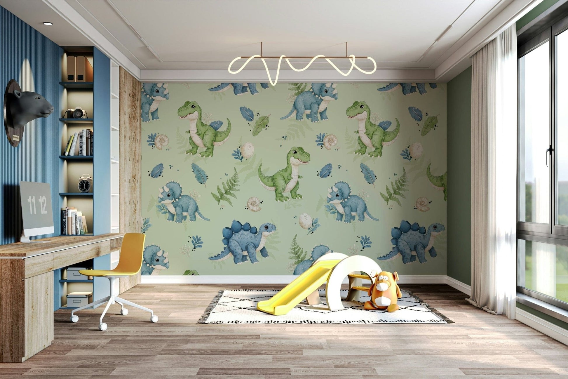 T-Rex and Stegosaurus on green background

