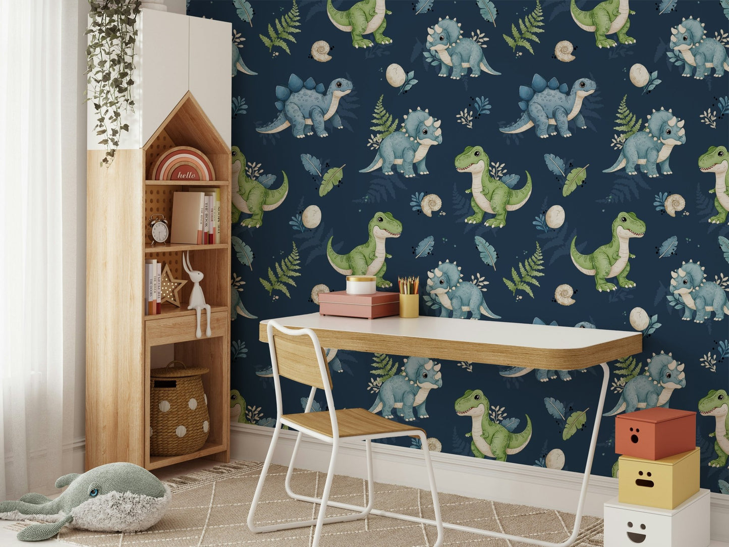 Blue and green dino nursery wallpaper

