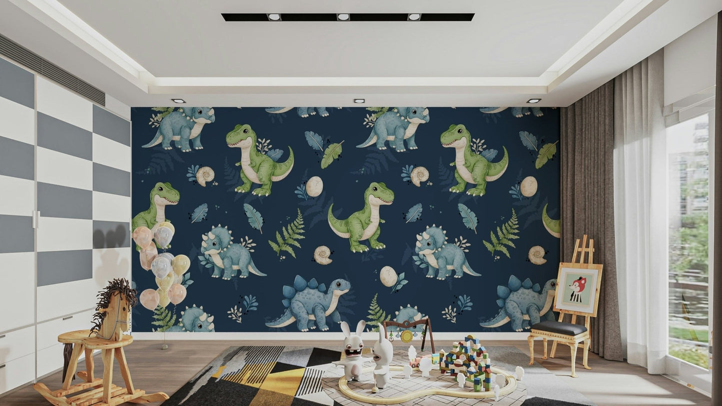 Navy wallpaper with cute baby dinosaurs

