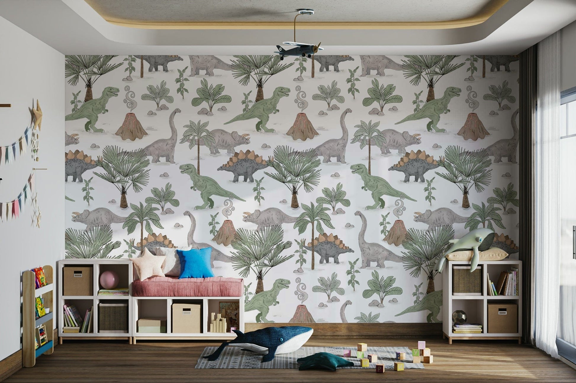 Prehistoric jungle design for kids’ wall

