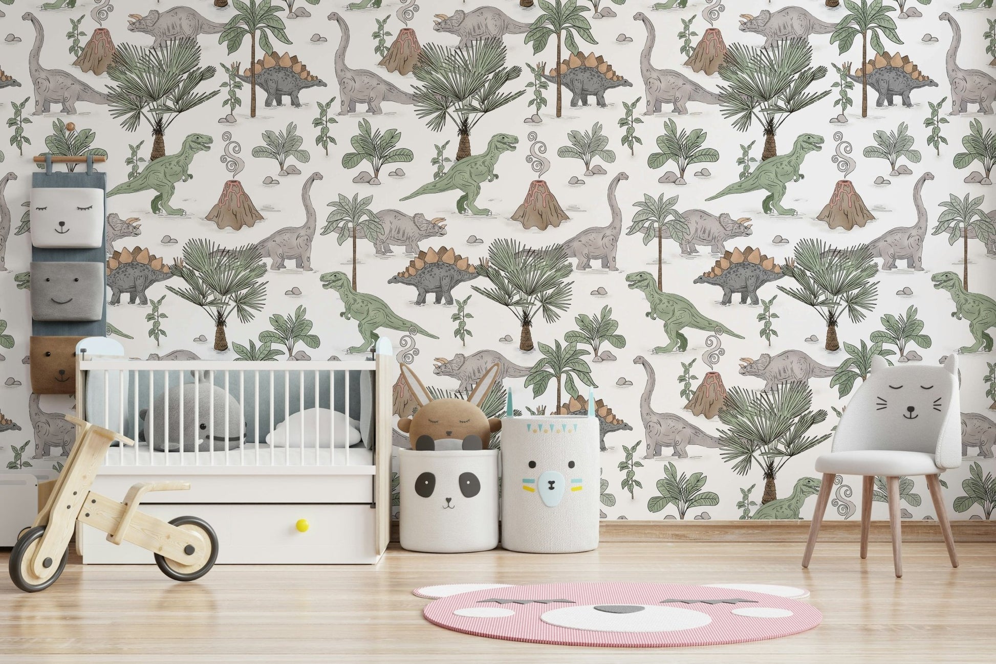 Volcano and dinosaur mural wallpaper design

