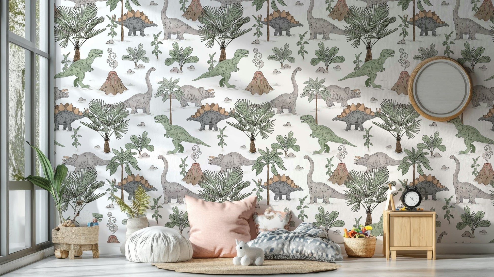 Hand-drawn dinosaur and volcano wallpaper

