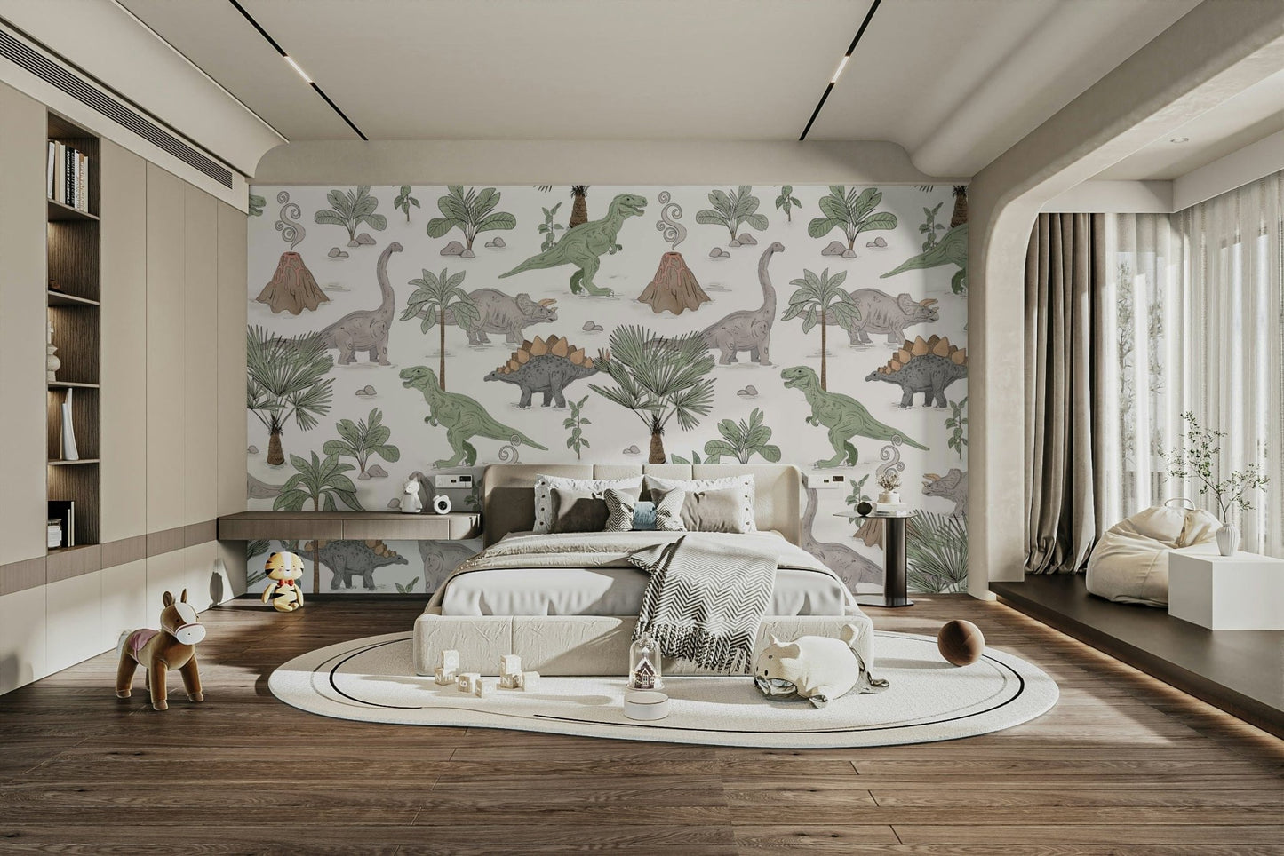 Dino Park nursery wallpaper in soft tones

