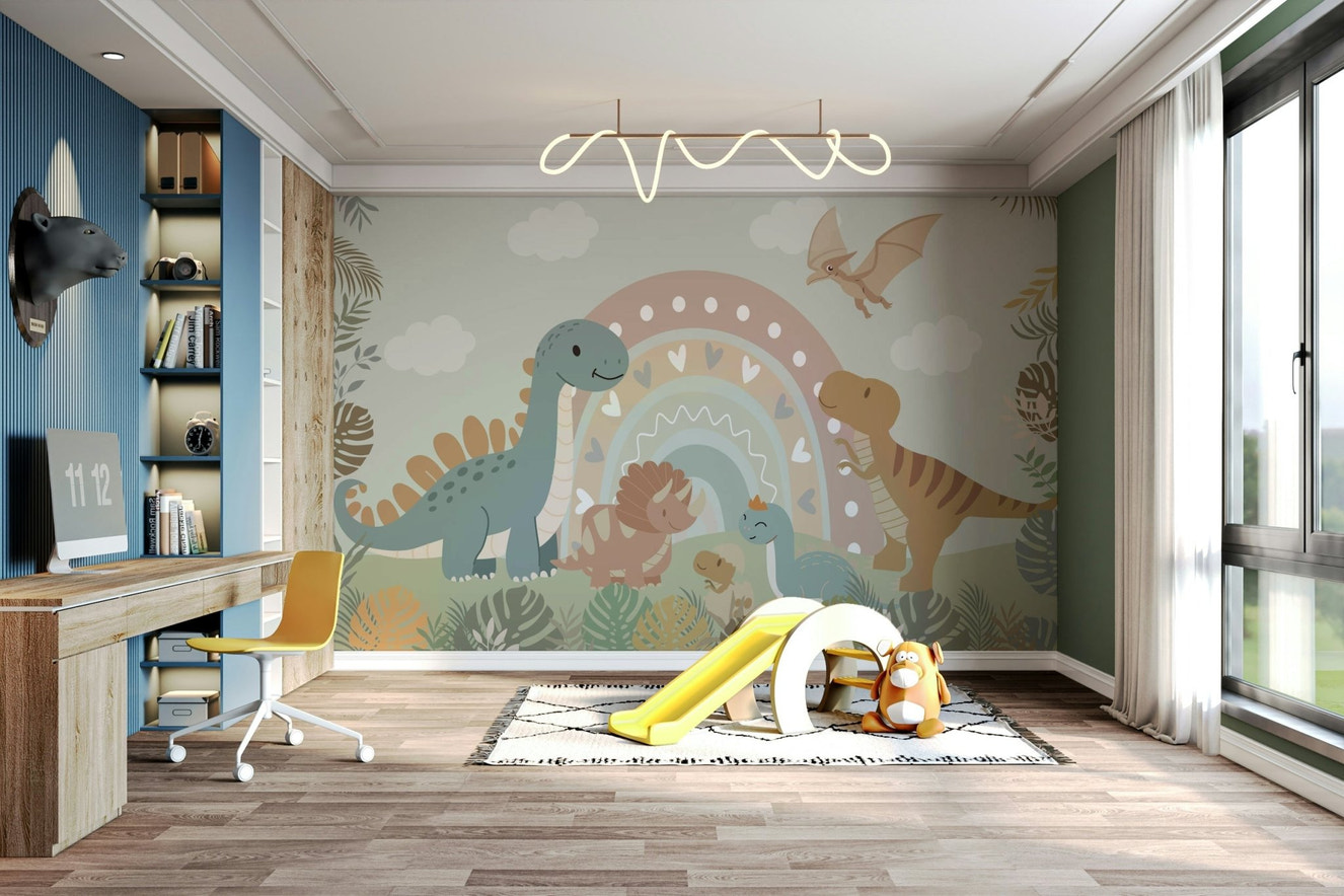A peaceful wall mural with a playful dinosaur design.

