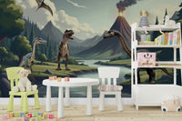 Wall mural with cartoon dinosaurs and a river

