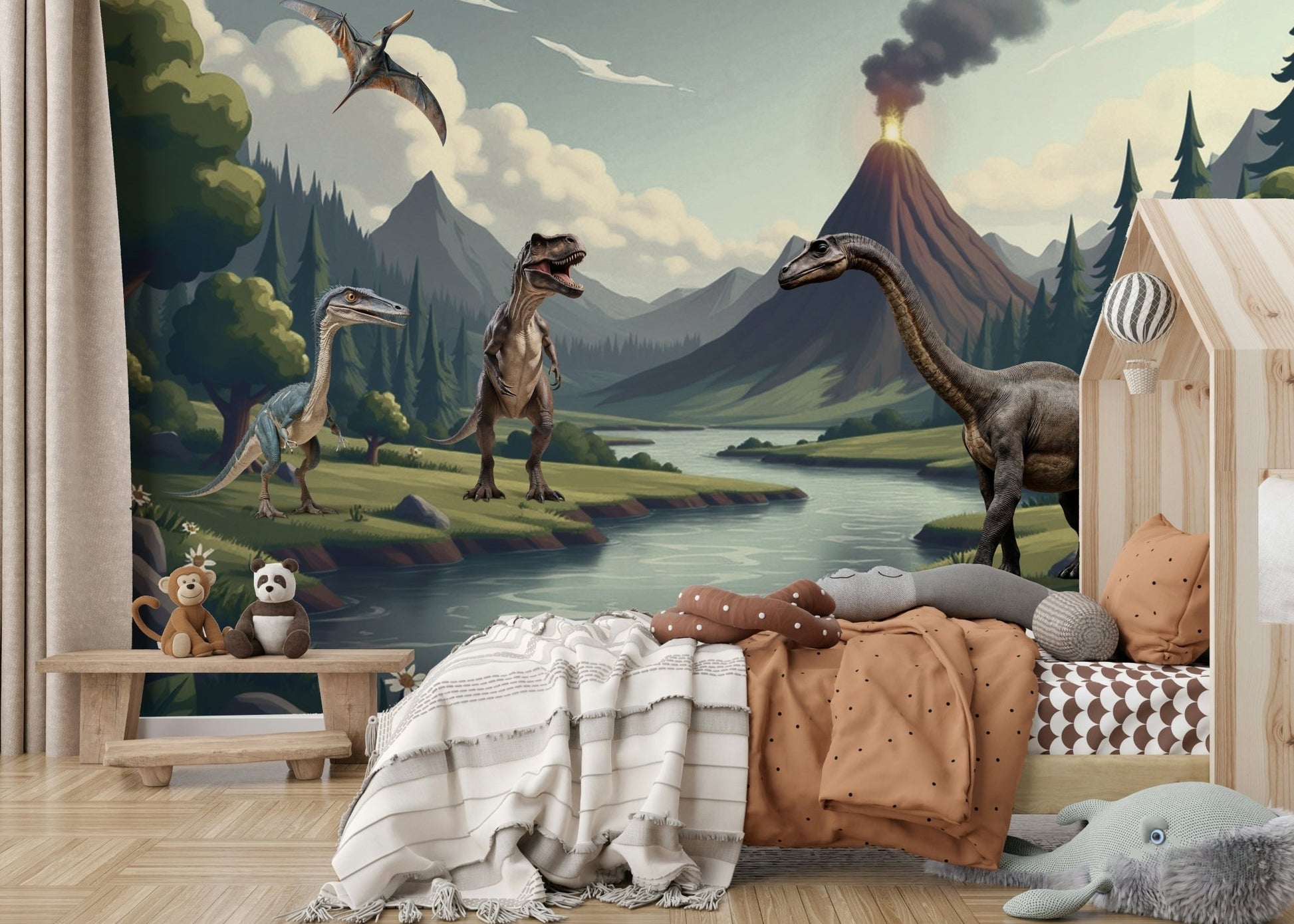 Wall mural showing a quiet prehistoric scene

