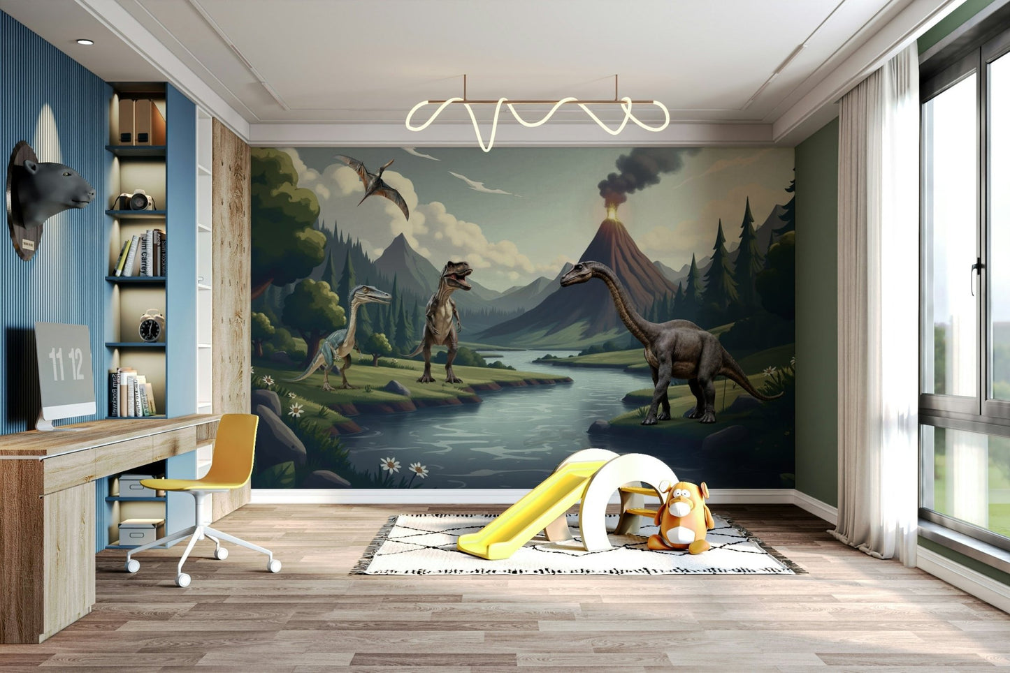 Scenic wallpaper with cartoon dinos and a river

