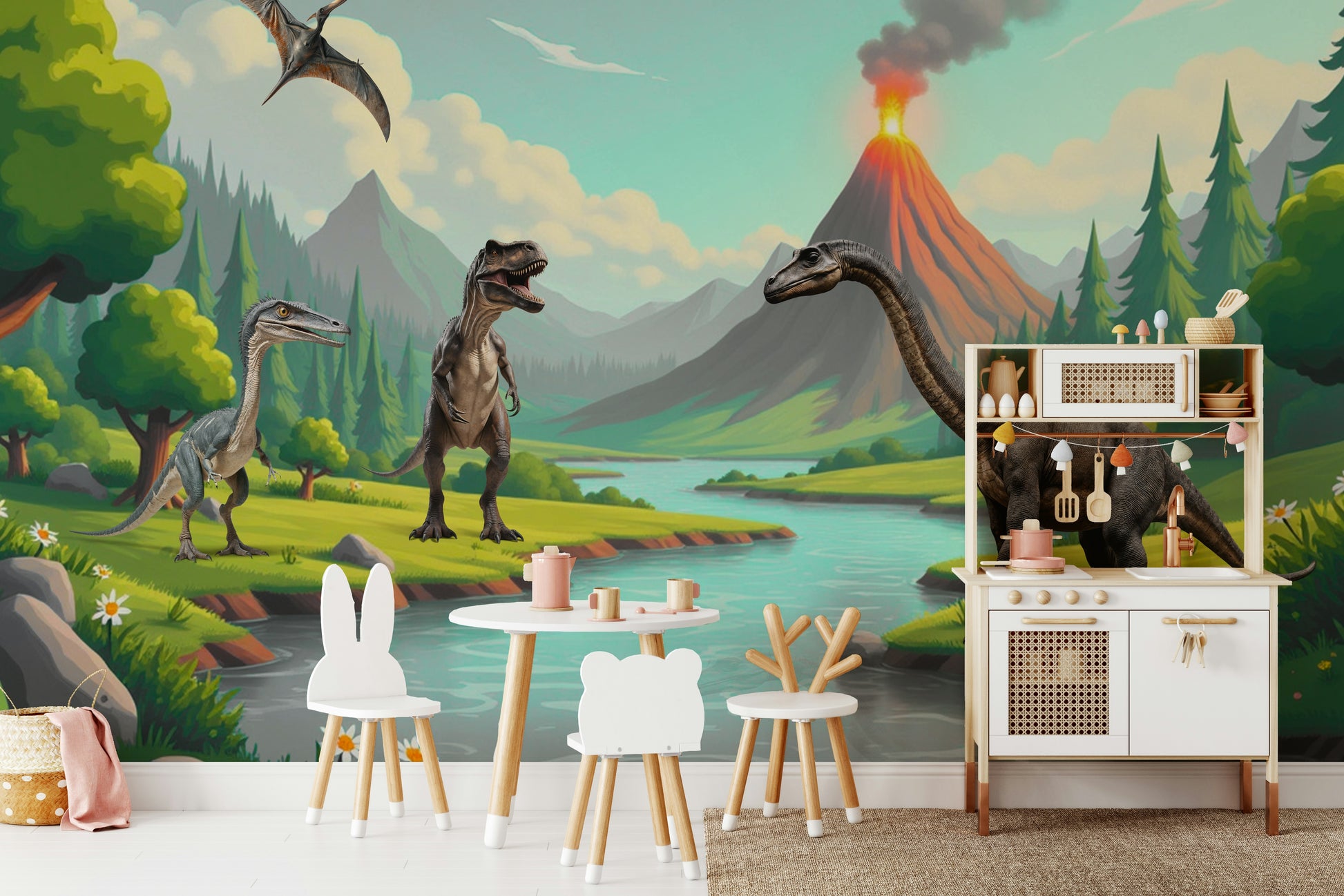 View of friendly dinosaurs and a playful river

