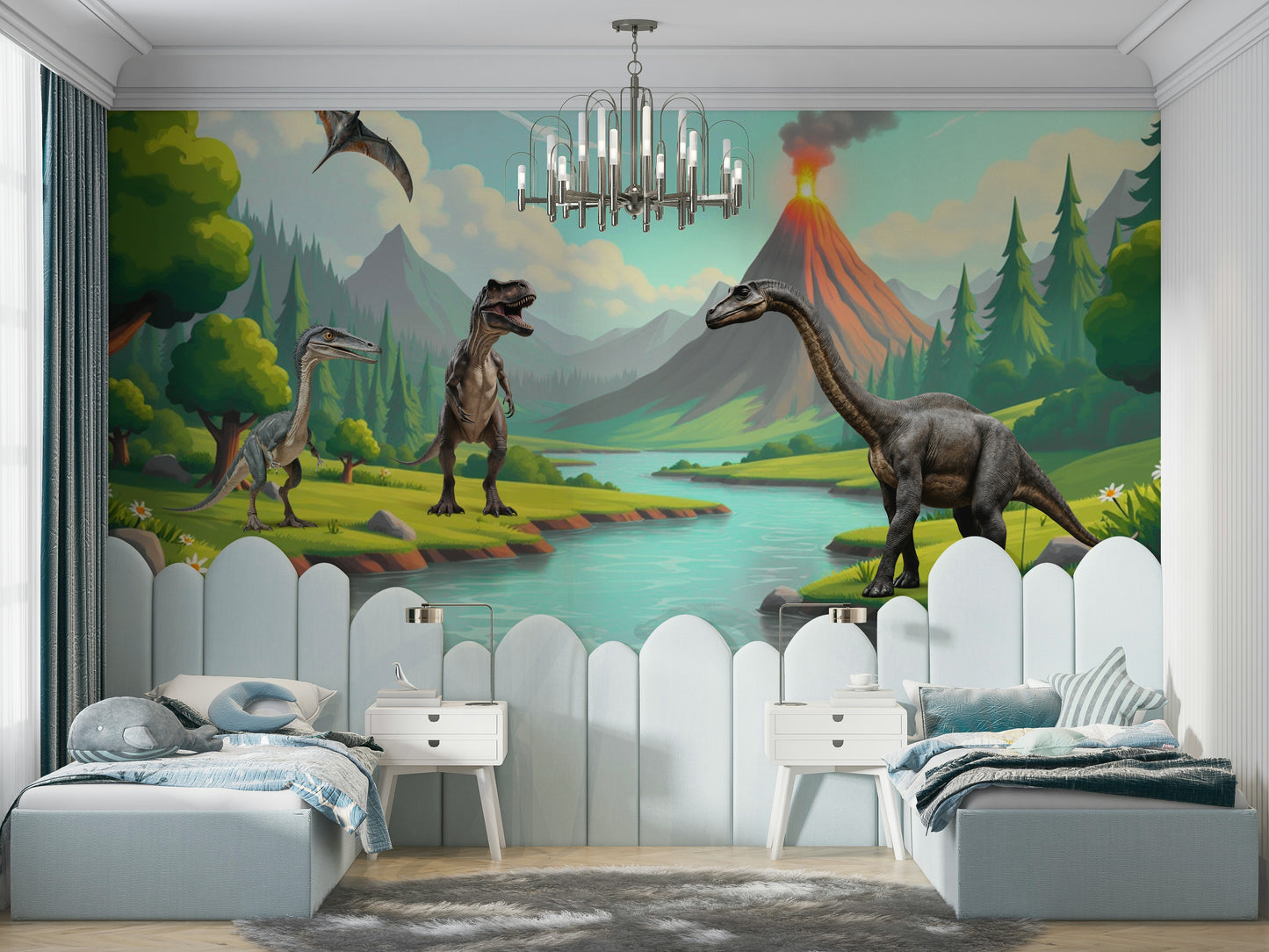 Serene valley scene with friendly dinosaurs

