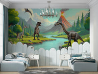 Serene valley scene with friendly dinosaurs

