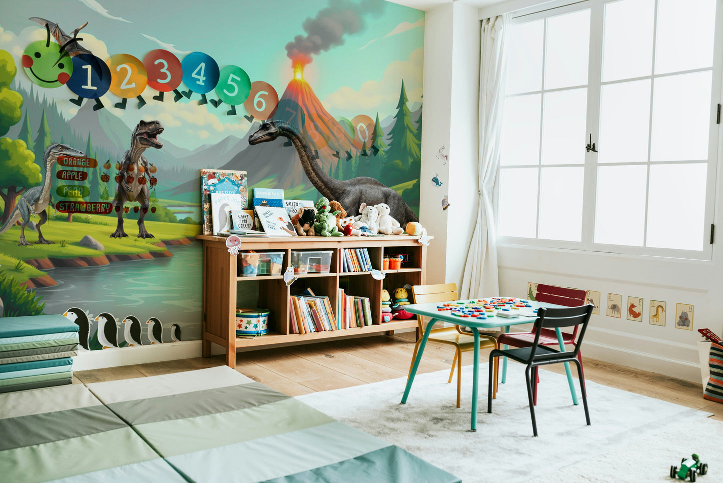 Wall mural with cartoon dinosaurs and hills

